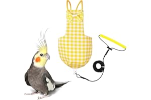 VANTRONIK VANFAVORI Bird Diaper Harness Flight Suit Clothes with 80 Inch Flying Leash for Parrots Cockatiel Pet Birds Including A Cotton Pad, S Size, Yellow Checks