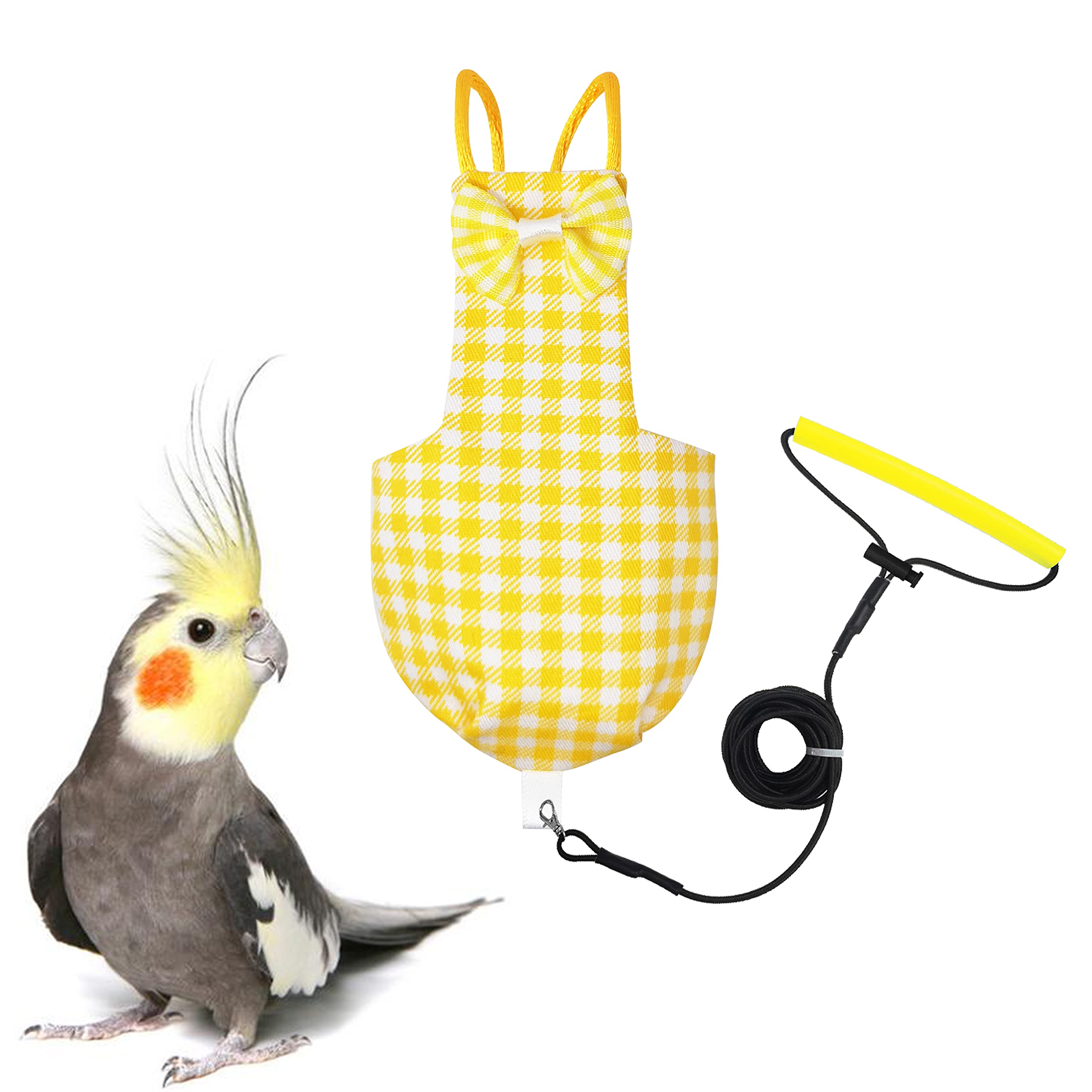 Photo 1 of VANFAVORI Bird Diaper Harness Flight Suit Clothes with 80 Inch Flying Leash for Parrots Cockatiel Pet Birds Including A Cotton Pad, S Size, Yellow Checks