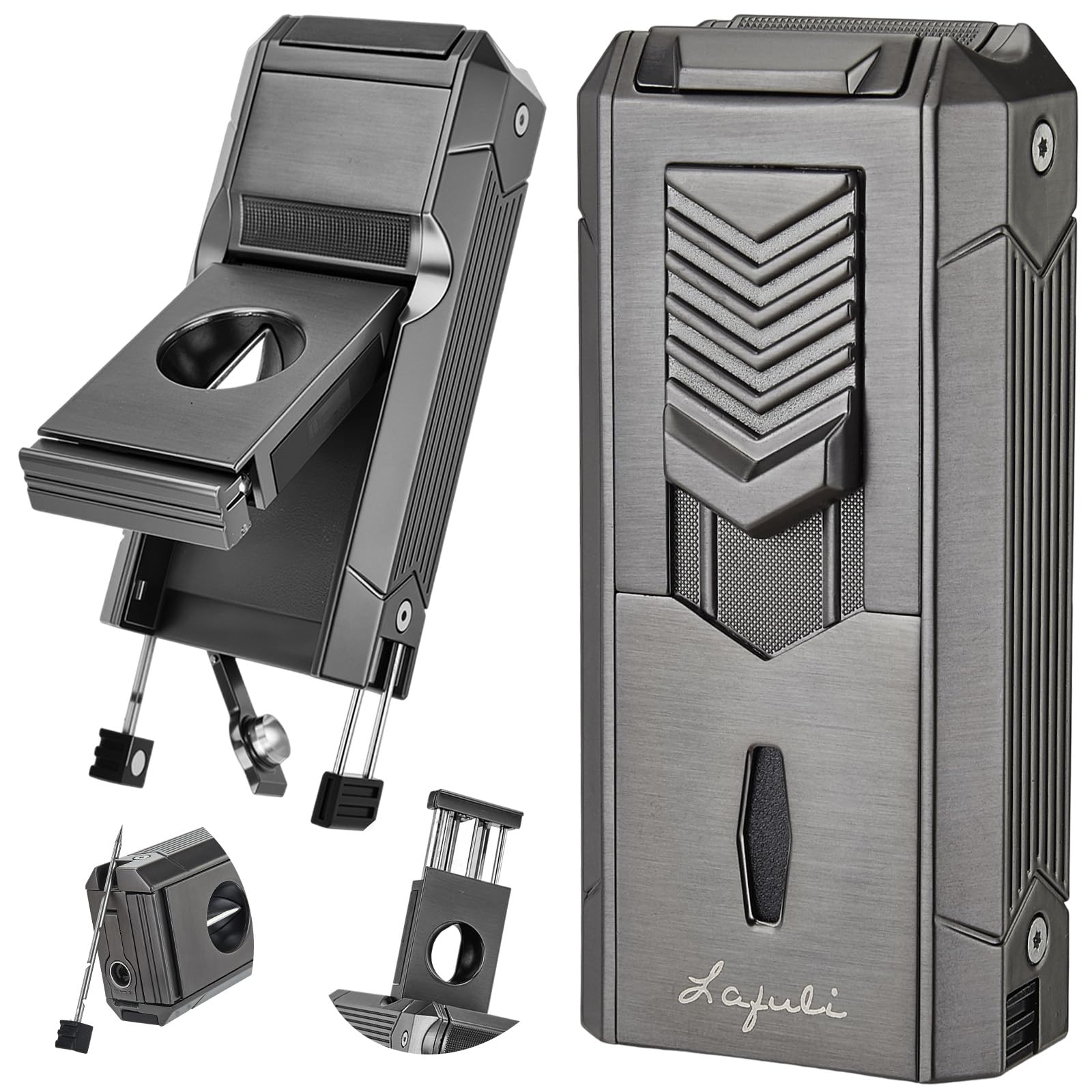 Photo 1 of 6-in-1 Torch Lighter with Twin Nubber, Auto-Pop V-Shape Clipper, Draw Enhancer, Holder and Punch, Refillable & Adjustable Windproof Butane Lighter, Premium Gift Box for Men & Travel Essential