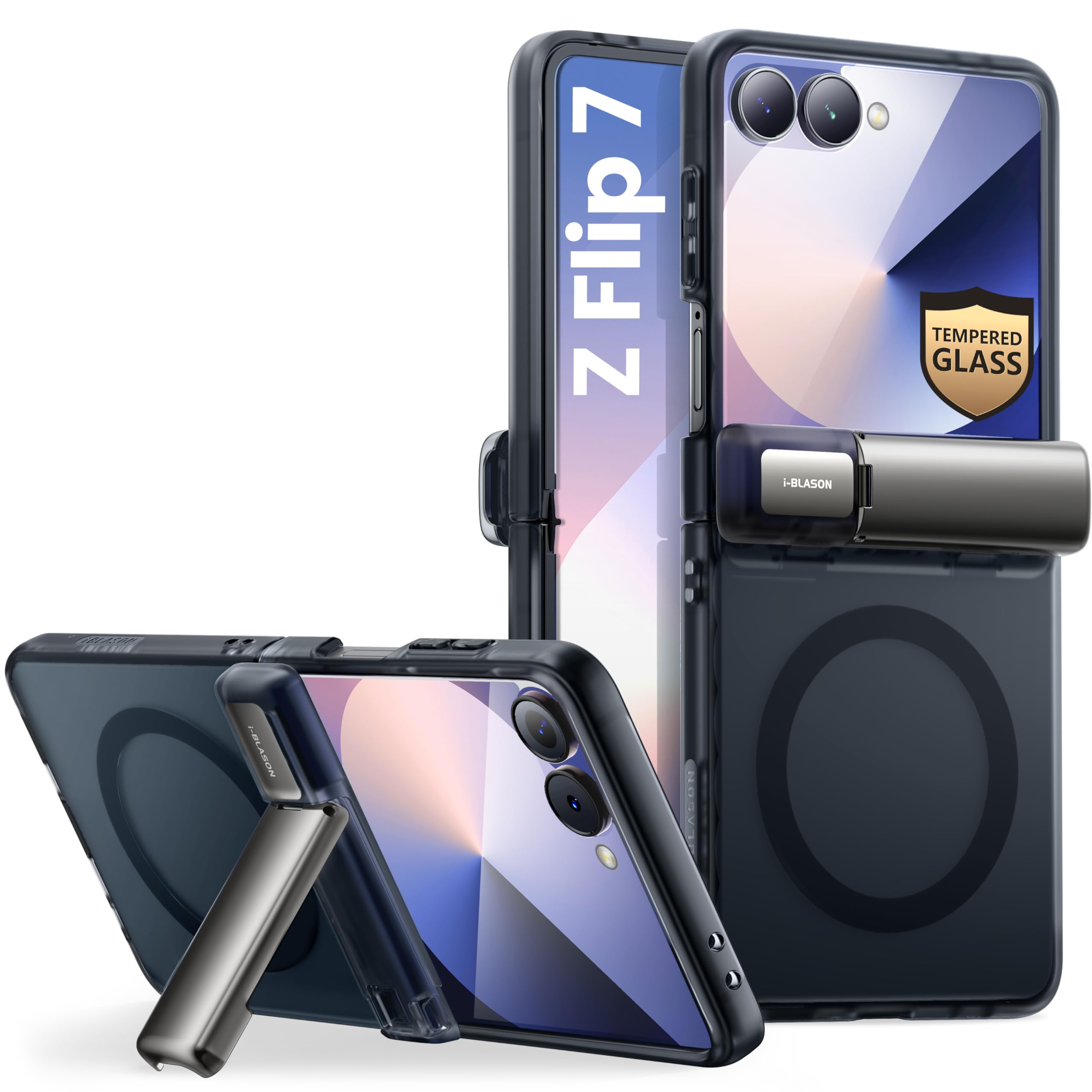Photo 1 of i-Blason for Samsung Galaxy Z Flip 7 Case with Stand [Tempered Glass Screen Protector] [Hinge Protection] [Support Wireless Charging] Slim Matte Protective Magnetic Phone Case for Z Flip 7, Black