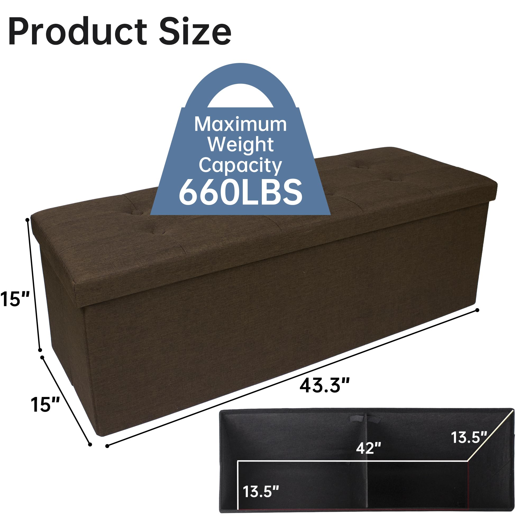 GLAXYFUR 43 Inches Folding Storage Ottoman Bench, Storage Chest, Footrest for Entryway, Living Room, Holds up to 660 lb, Brown - Image 3