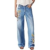 Flamingals Straight Leg Jeans for Women Mid Rise Casual Wash Floral Embroidery Denim Pants