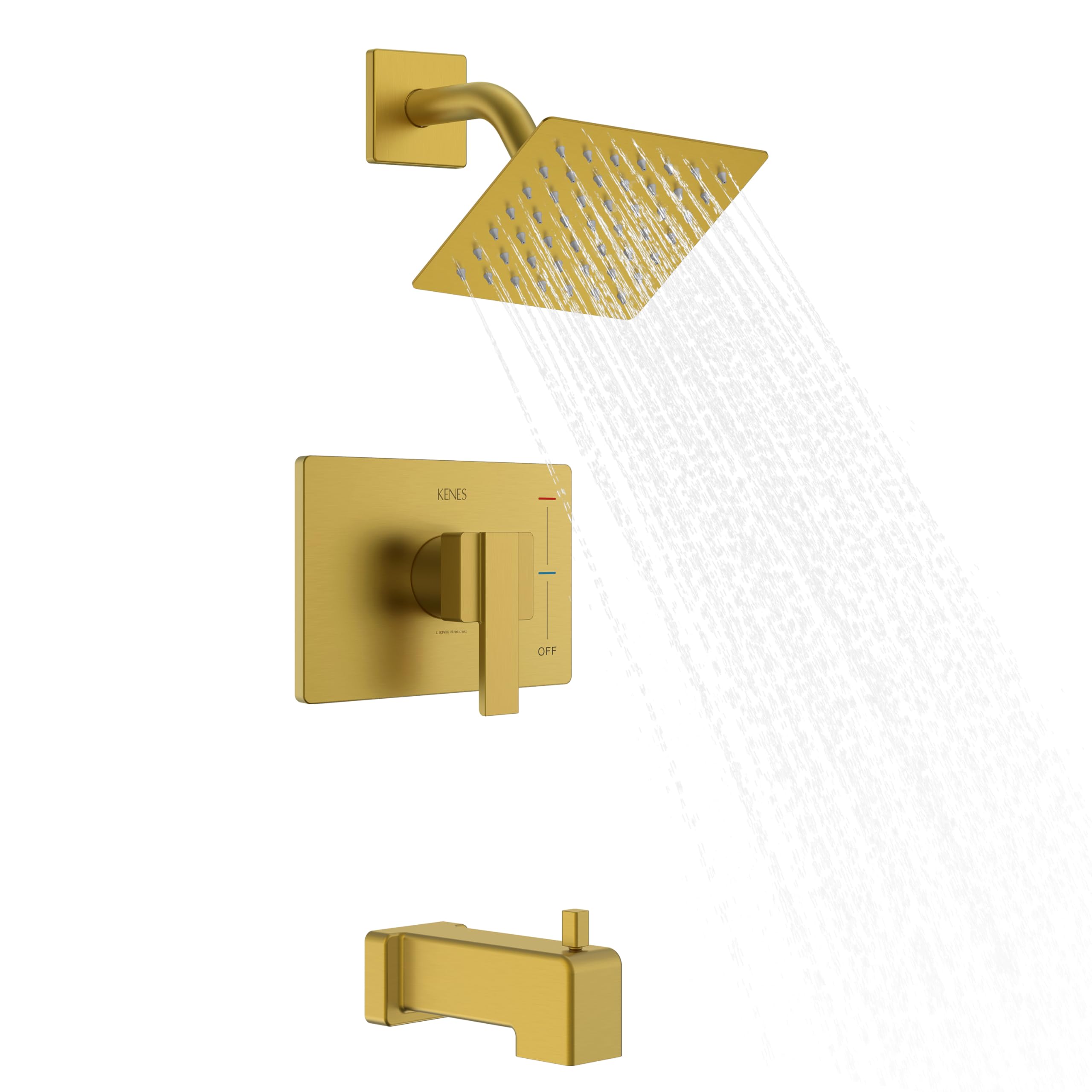 Photo 1 of KENES Brushed Gold Tub and Shower Trim Kit, Square Tub Shower Faucet Set Complete with 6-Inch Rainfall Shower Head and Tub Spout, KE-6025A-4 (Shower Valve Included)