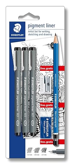 Staedtler 308 SBK3P Artist Set 3 Pigment Liner 0.3, 0.5, 0.7 und Bleistift, Spitzer, Radierer Gratis, schwarz