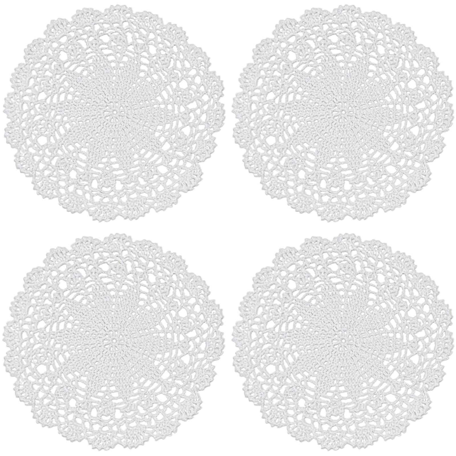 Photo 1 of PHANTOMON Crochet Doilies Handmade Round Cotton Lace Table Placemats Knitted Tablecloth, Star Pattern Rippled Edge, Pack of 4 (10 Inch, White)