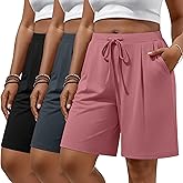 Huukeay 3 Pack Women's Plus Size Bermuda Shorts Casual Knit Drawstring Knee Length Walking Shorts with Pockets