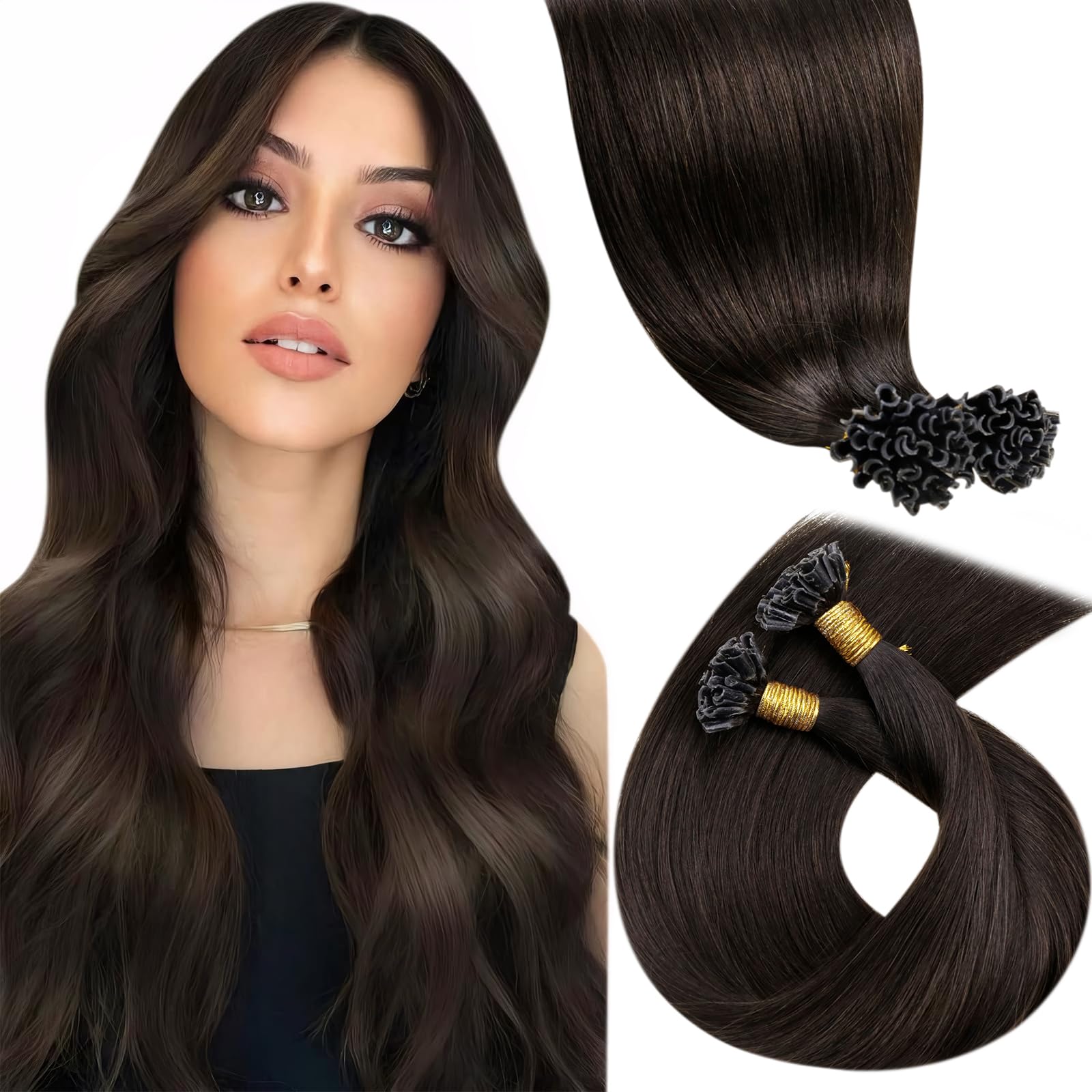 LaaVoo U Tip Hair Extensions Real Human Hair Brown, Remy Straight Darkest Brown Real Hair Extensions, Hot Fusion for Invisible & Stable 50s 50g 20 Inch #2 — image 1