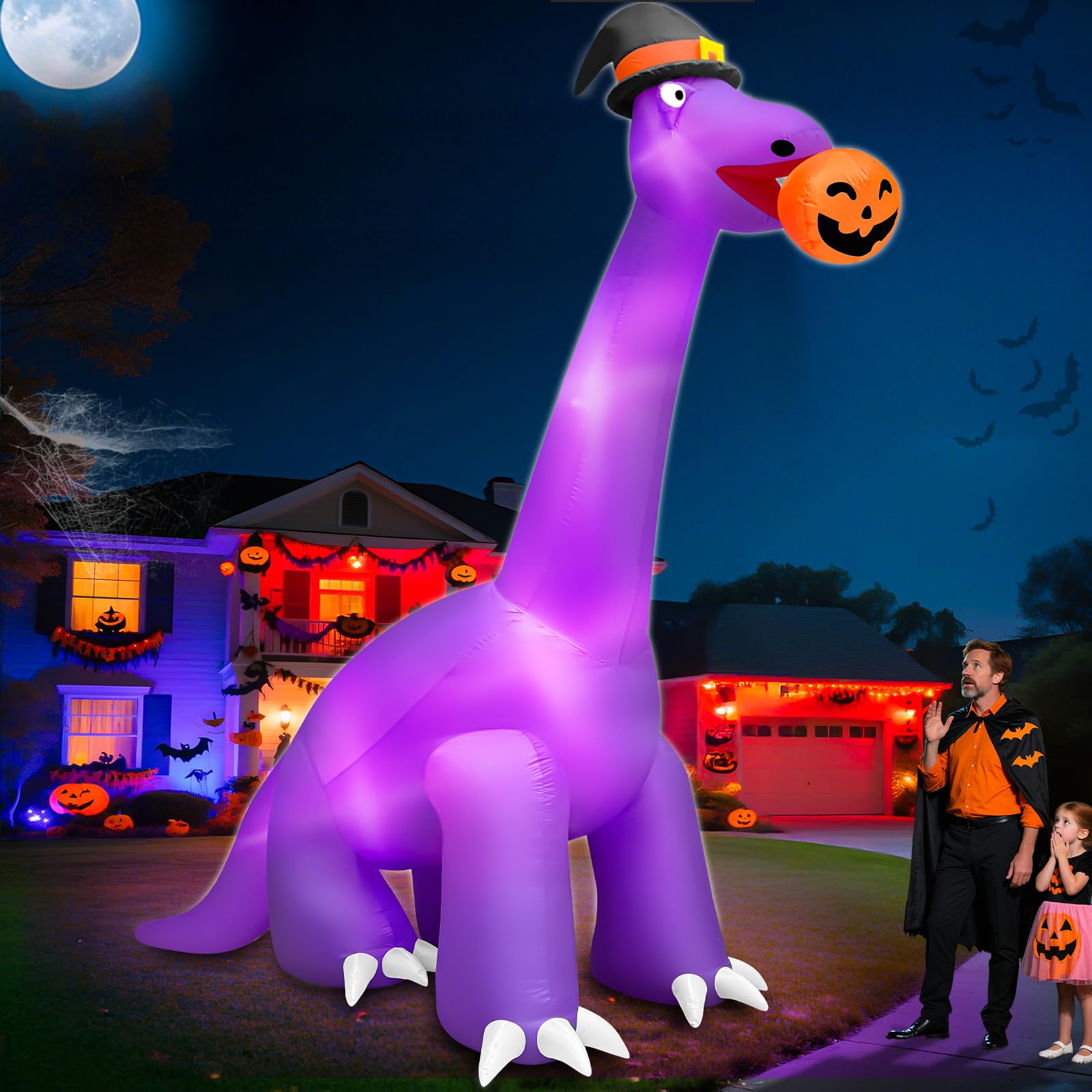 Photo 1 of 14 Ft Ht x 16 Ft L Giant Halloween Dinosaur Inflatable Blow Up Yard Decorations Large Dinosaur Bite Pumpkin with Witch Hat Build-in LED, Huge Halloween Decorations Outdoor Lawn Party Garden Decor