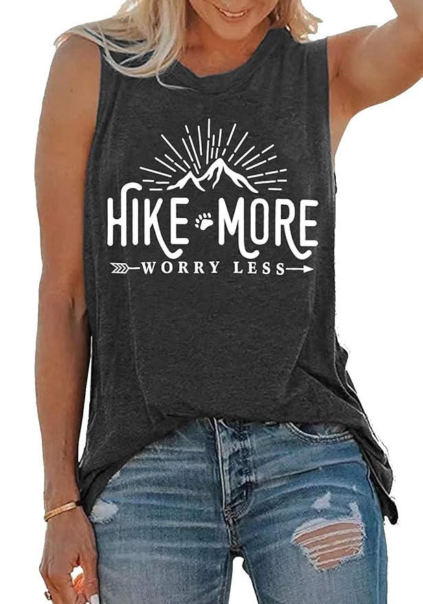 Hike More Worry Less Tank Tops for Women Hiking Shirt Funny Letter