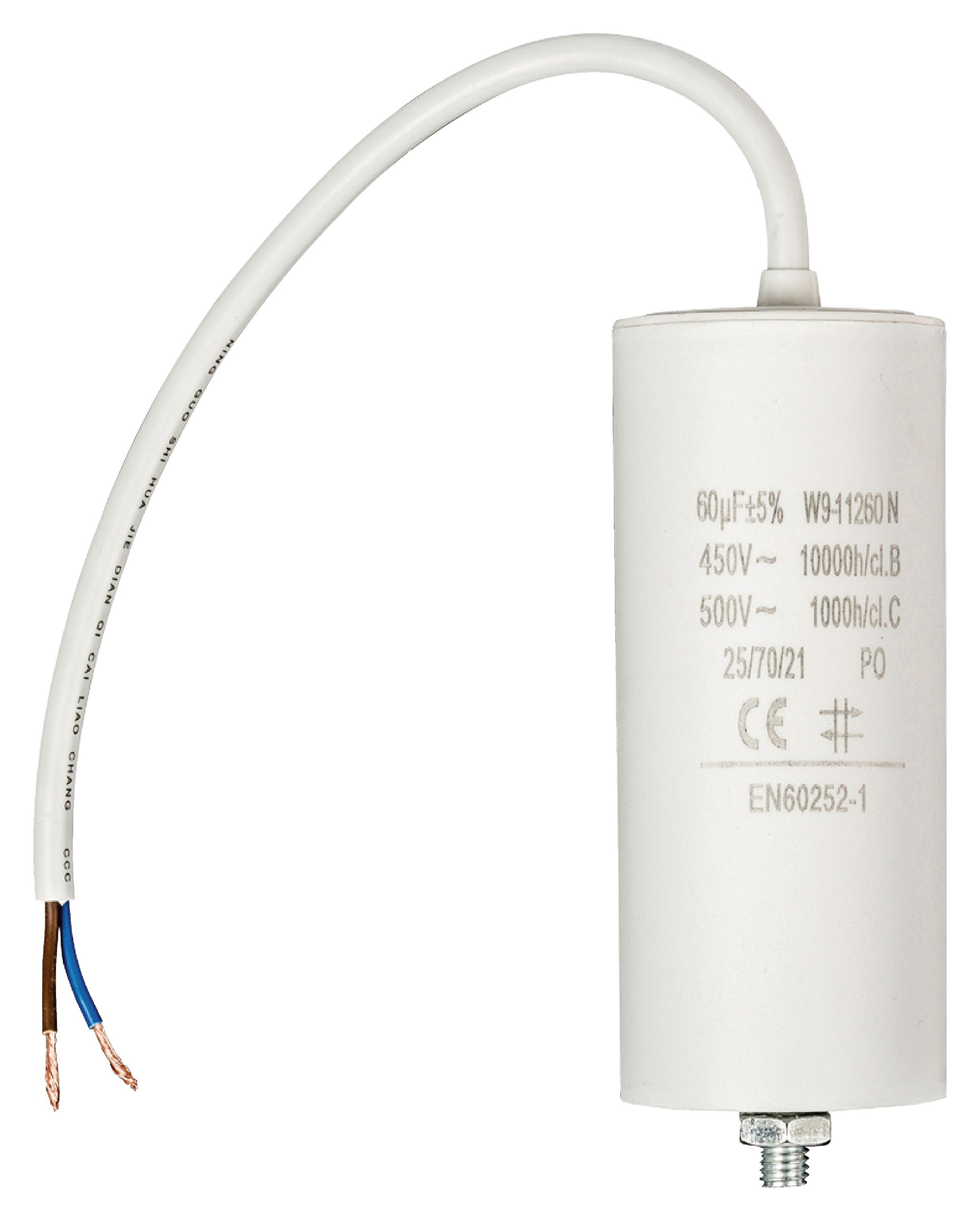 Invero Washing Machine Motor Capacitor 60.0uf - 450V Wired 250mm Cable - Dimensions: 50 x 119 mm - White