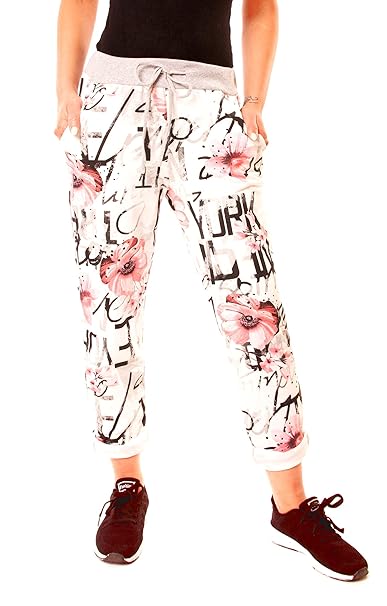 Easy Young Fashion Damen Sweathose Rippbund Bunt Geblümt