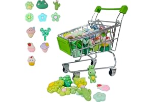 CHIOLDILLY Mini Shopping Cart Set for Toddlers-Apply to Kid's School Supplies and Accessories, Mini Food Toys for Imaginative Play (Mini Shopping cart+60 Pieces Small Green Gadgets)