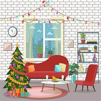 Amazon Com Laeacco 10x10ft Vinyl Photography Background Christmas Living Room Interior Decoration Happy New Year Cartoon Design Background Xmas Tree Red Sofa Armchair Bookshelf Window View Scene Family Children Camera Photo