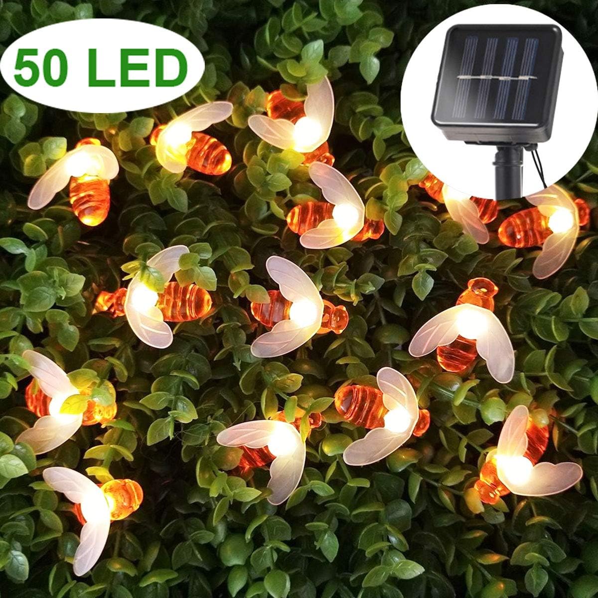 Solar String Lights, 8 Modes 50 LED Honey Bee Fairy Lights Solar Powered Waterproof Outdoor String Lights for Garden Patio Yard Summer Party Wedding Indoor Bedroom Decor (Warm White)