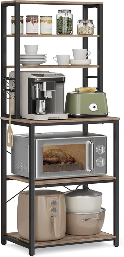 VASAGLE Kitchen Storage Rack Coffee Bar 6 Shelves 6 Hooks 40x60x167 cm