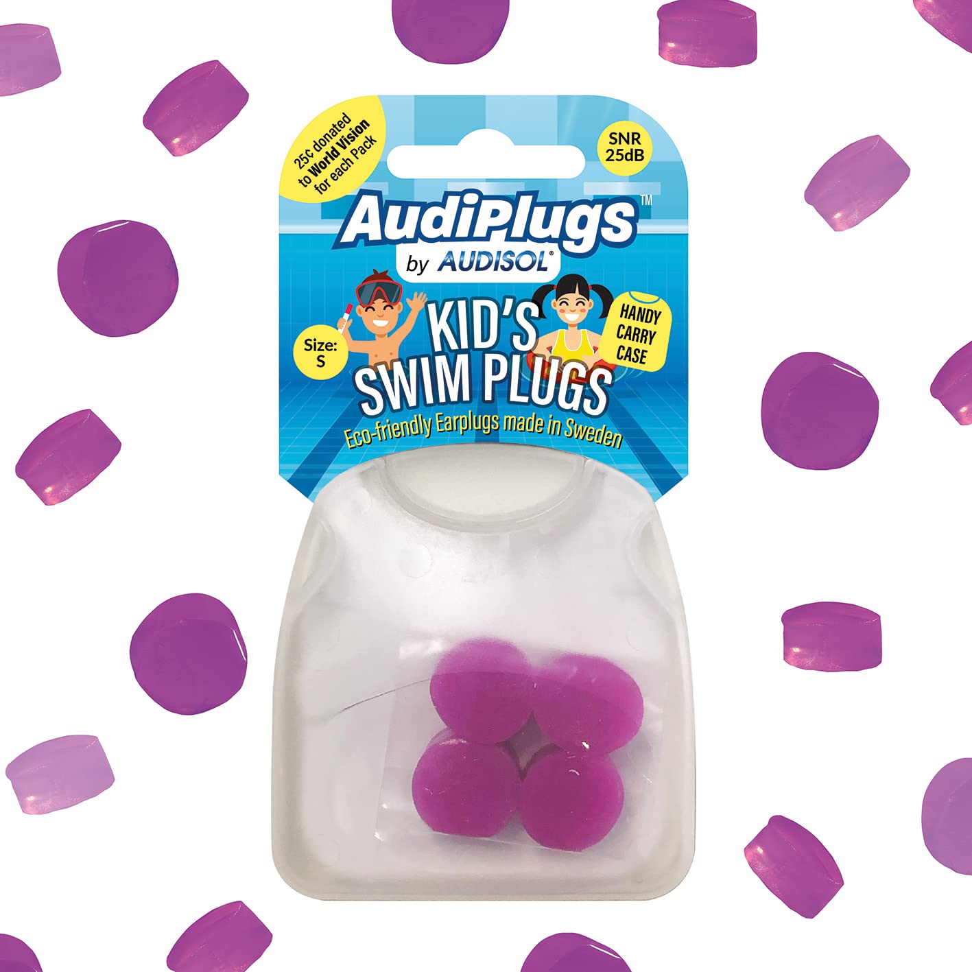 AudiPlugs Ear Plugs Swimming for Kids, Reuasable with Handy Carry Case – 4 Pairs – Kids Ear Plugs - Washable and Non-Toxic Earbuds – Up to 25dB Protection