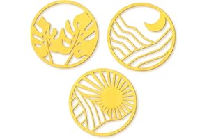 Zzbakress 3 PCS Boho Wall Art Decoration Vintage Boho Wooden Aesthetic Hollow-out Hanging Boho Farmhouse Wooden Decor for Bedroom Living Room Office (style 1, Gold)