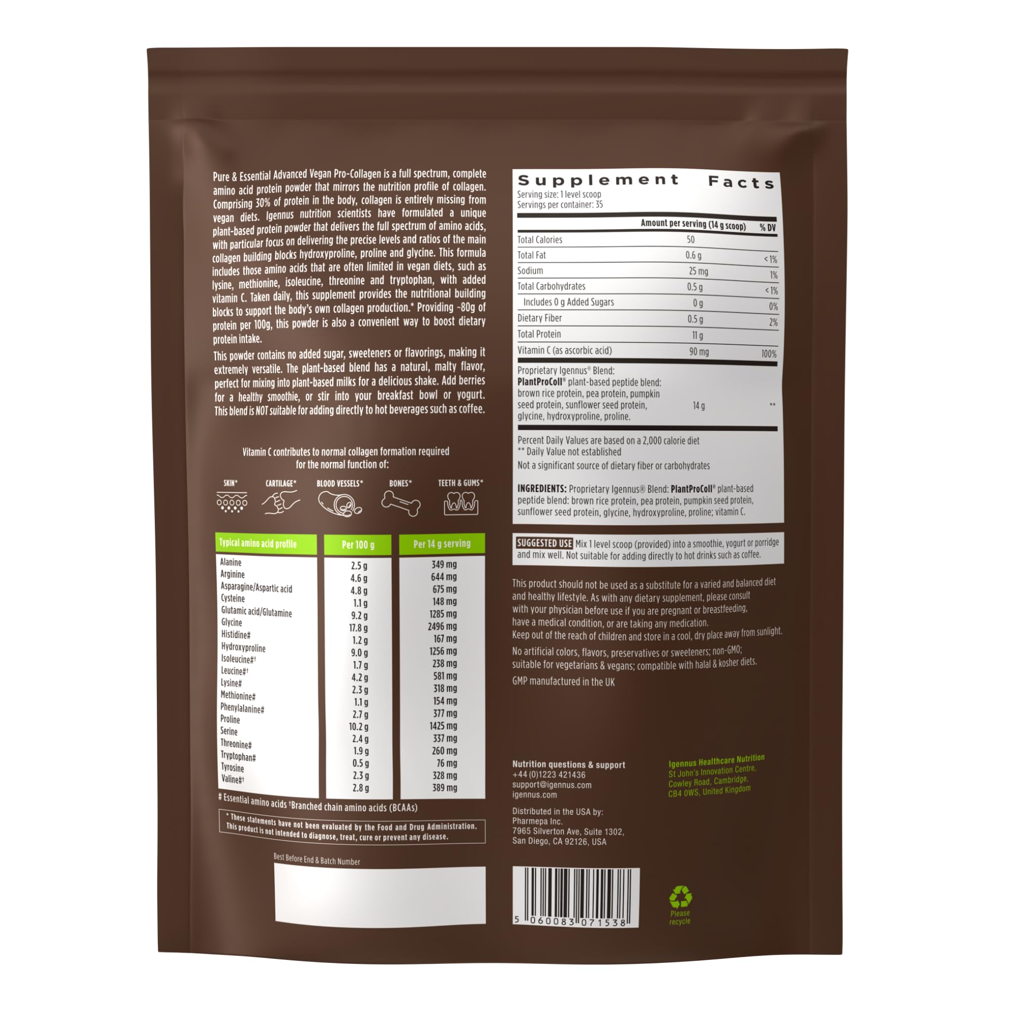 Igennus Vegan Collagen Peptide Powder, Enhanced with Glycine, Proline & Hydroxyproline & Cofactor Vitamin C, Non GMO, Complete Vegetarian Plant Based Collagen Powder Booster, 35 Servings