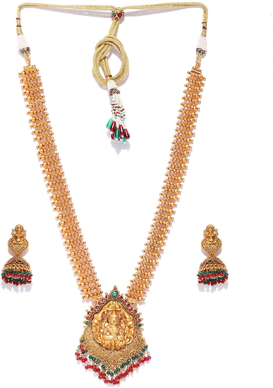 Indian Bollywood Temple Jewelry Style Gold Plated Long Polki Necklace Set