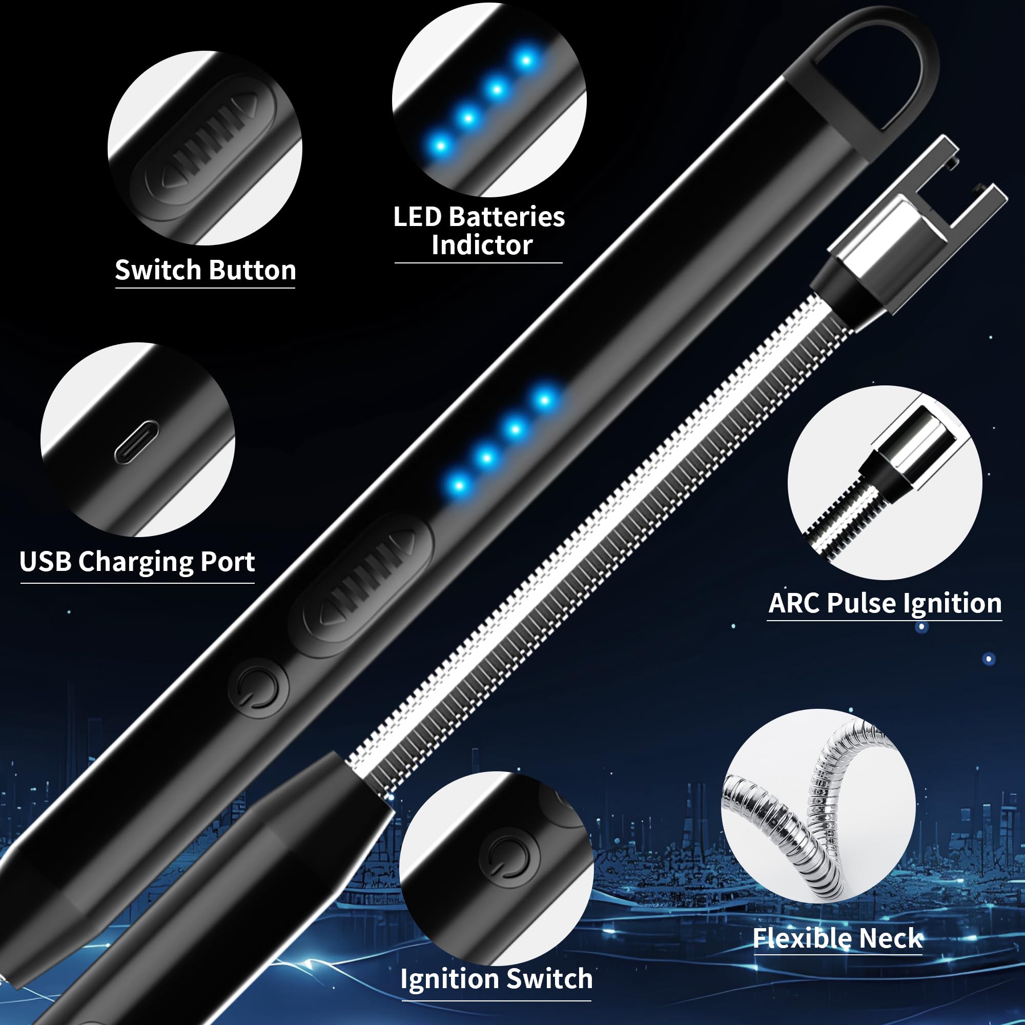 2-Pack Rechargeable Electric Candle Lighters, Flameless Windproof Long Lighter with 360° Flexible Neck and LED Display for Candles, Camping, BBQ & Fireplace (Black)