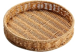 Hotfiary Round Rattan Serving Tray, Hand Woven Poly Wicker Bread Basket, Rustic Rattan Organizer Fruit Storage Baskets for Co