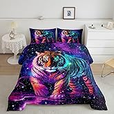 Feelyou Tiger Bedding Set for Girls Boys Kids Twin Size 3D Animal Print Comforter Room Decor Luxury Galaxy Comforter Set Purple Quilt Set 2Pcs