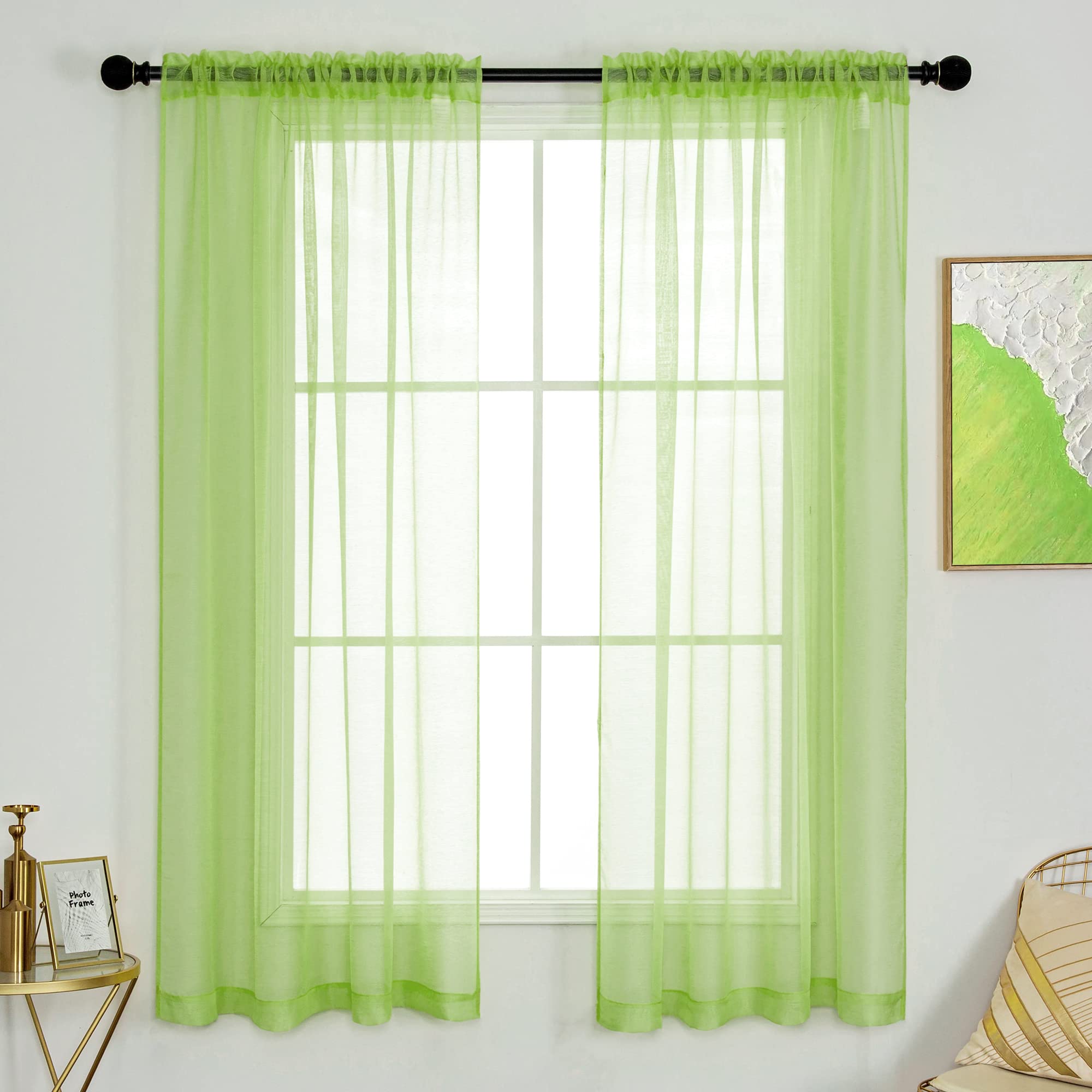 DUALIFE Lime Green Sheer Curtains Solid Light Green Window Curtain Panels 63 Inch Length Voile Drapes with Rod Pocket for Bedroom Girls Kids Room Light Filtering Privacy 52 x 63 Inch 2 Panels