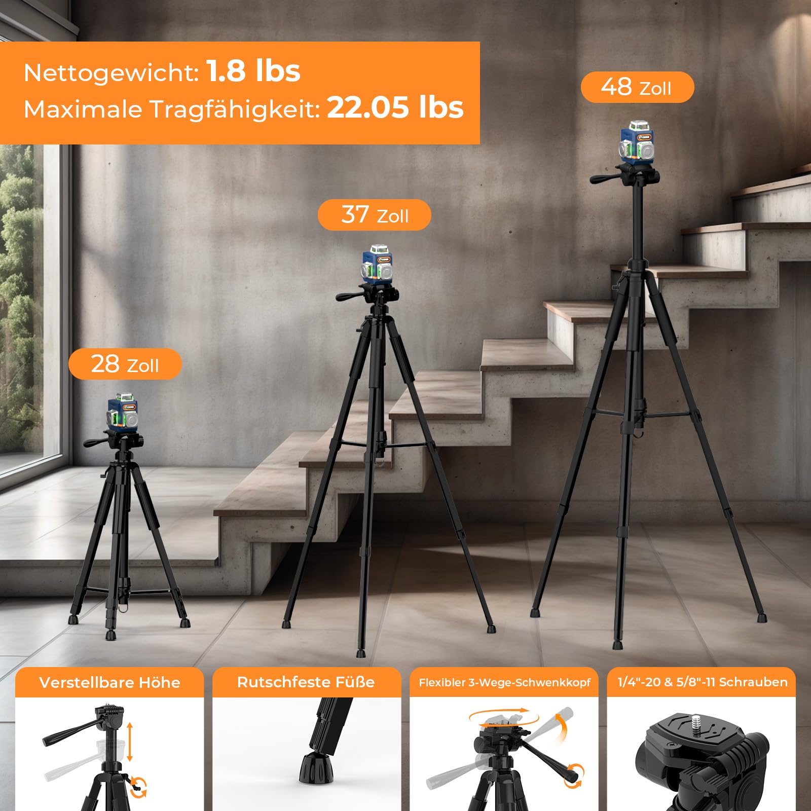 Kreuzlinienlaser mit Stativ, CIGMAN 3x360 Grad Grün Selbstnivellierend Laser Wasserwaage mit 1,2m -Aluminium-Baustativ, Baulaser Kreuzlaser Linienlaser bis zu 30 Stunden mit Lithium-Batterie,CM701T 8