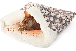 Clysee Self Heating Cat Sleeping Bag Indoor Self Warming Cat Bed Cave Heated Pad Cozy Soft Winter Washable Wrap Pet Snuggle Sack Pouch for Puppy Dog Kitten, 24 x 21 Inch(Cute,Gray)