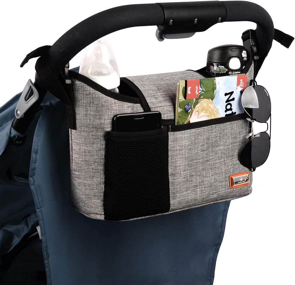 Homlynn Buggy Pram Bag Organiser 11L Grey with 2 Cup Holders Universal Fit