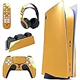 PlayVital Chrome Gold Glossy Full Set Skin Decal for ps5 Console Disc Edition, Sticker for ps5 Vinyl Decal Cover for ps5 Controller & Charging Station & Headset & Media Remote