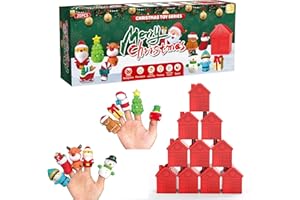AMYKCNO Learning Toys with Elk Santa Claus Snowman Christmas Tree for 1,2,3 Year Old, New Christmas Toys for Kids, Xmas Gifts Toys for Boys Girls, 10 Christmas Finger Puppets & 10 Barns, Stacking & Sorting