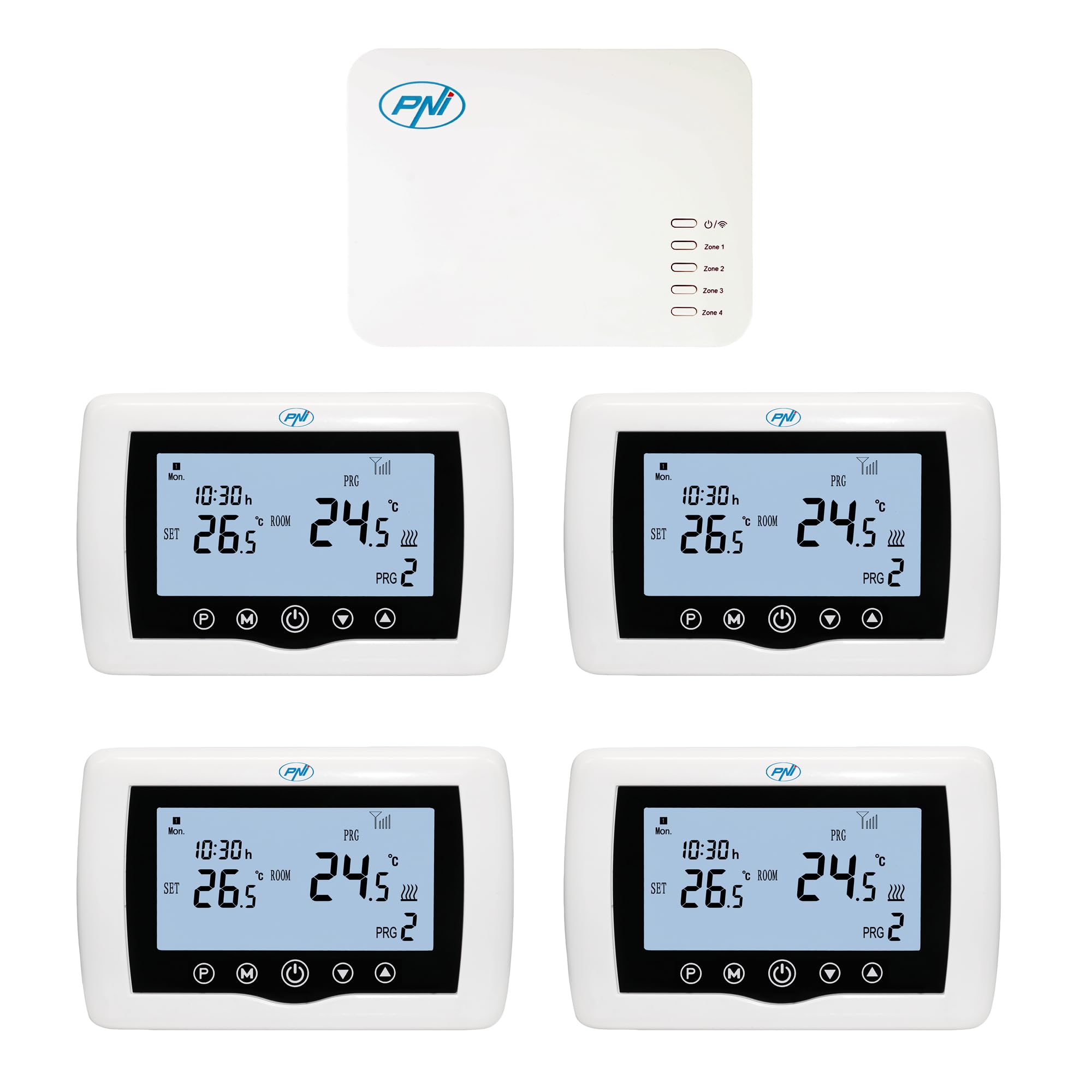 Smart thermostat PNI CT440 wireless, with WiFi, control 4 zones via the Internet, for heating plants, pumps, solenoid valves, TuyaSmart APP, White