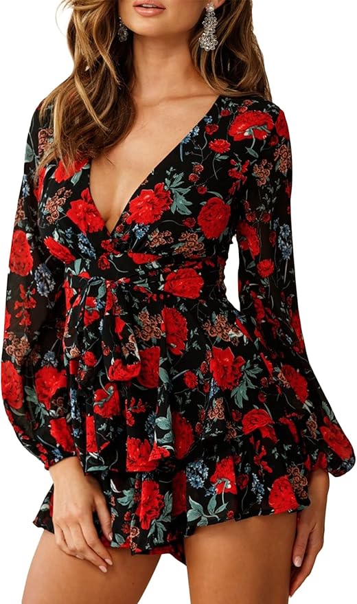 Linsery Long Sleeve Romper Shorts for Women Summer Floral Ruffle Hem