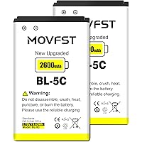 MOVFST 2Pcs Pack Rechargeable BL-5C Battery,2600mAh High Capacity Suitable for Nokia,Household Radio with Current Protection