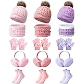 Chicingyou 15 Pcs Winter Hat Scarf Kids Gloves Earmuffs Socks Girls Purple Pink Pom Set Knit Beanie Mittens Neck Warm Accessories Gift for Toddler Outdoor Birthday Christmas