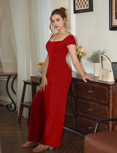 APRILAKE WOMENS JUMPSUIT DRESSY CASUAL CAP SLEEVE SQUARE NECK WIDE LEG LONG PANT ROMPERS WITH POCKETS RED