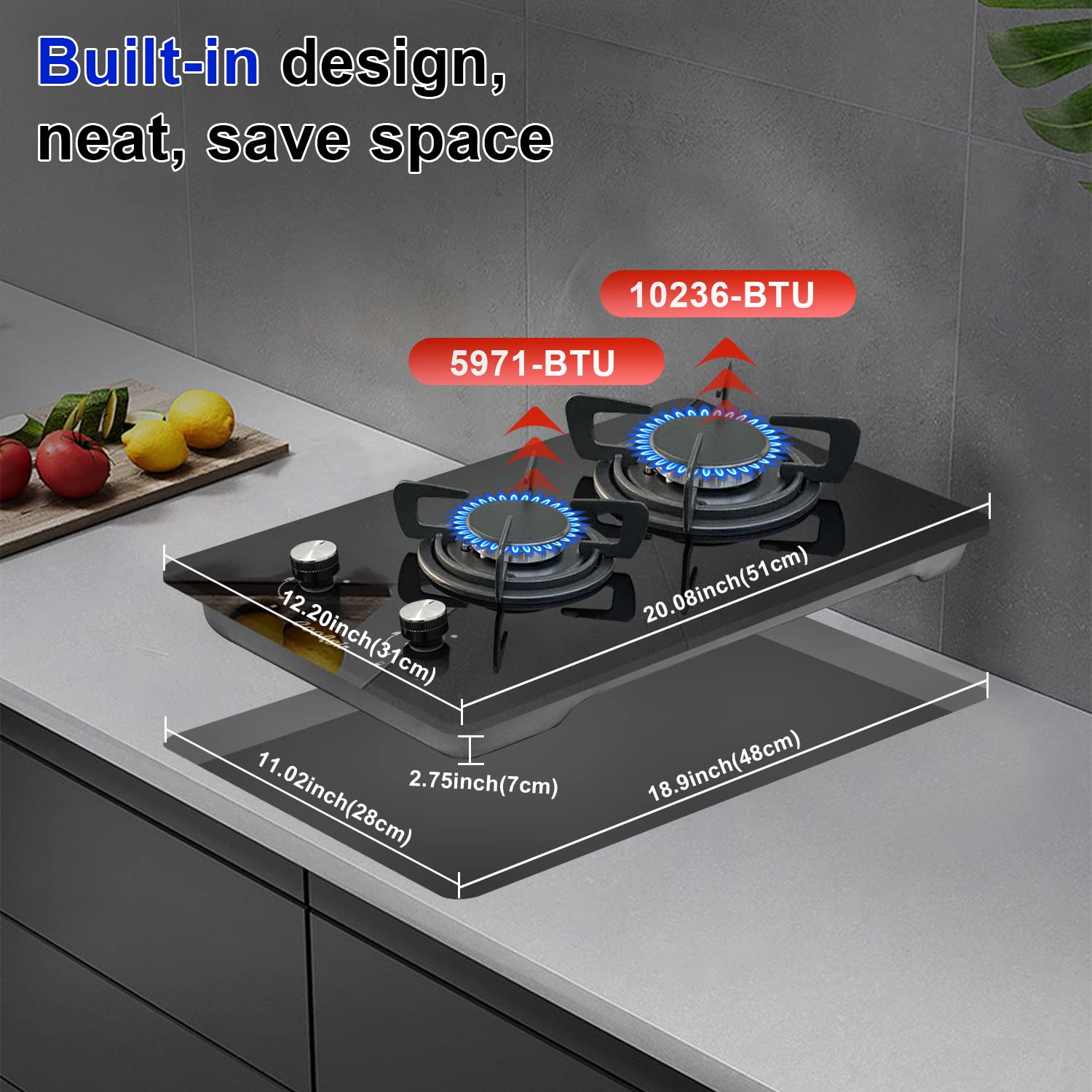 Cooksir 12 inch Gas Stove, 2 Burners Propane Cooktop Bulit-in, Indoor Cooktop Suitable for Dual Fuel LPG/NG, Tempered Glass Gas Stove Top for Kitchen, Apartment, Indoor, 110-120V Plug in