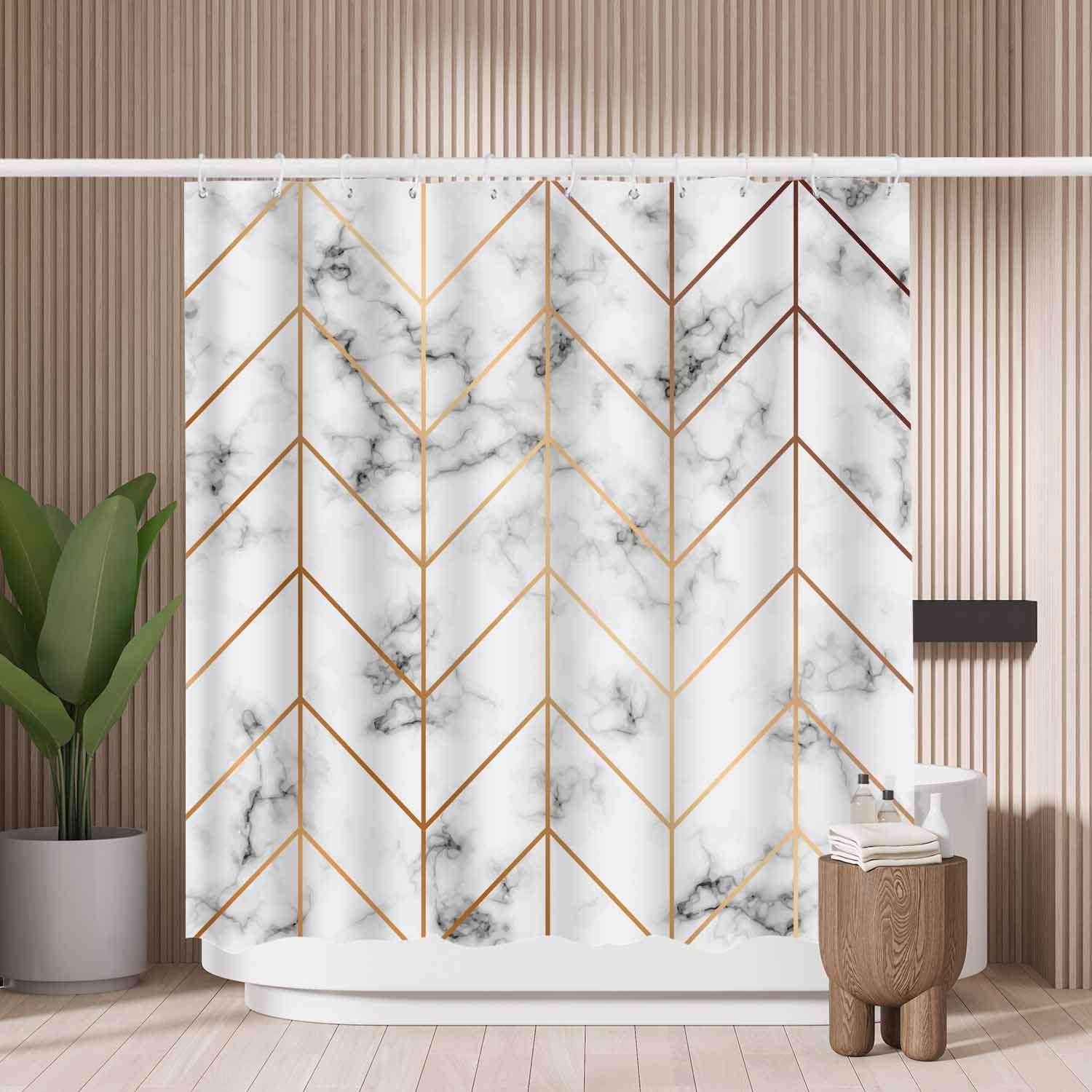 Woutay Shower Curtain Mould Proof Resistant White Marble Texture,Water Repellant Fabric,Polyester,with 12 Plastic Hooks