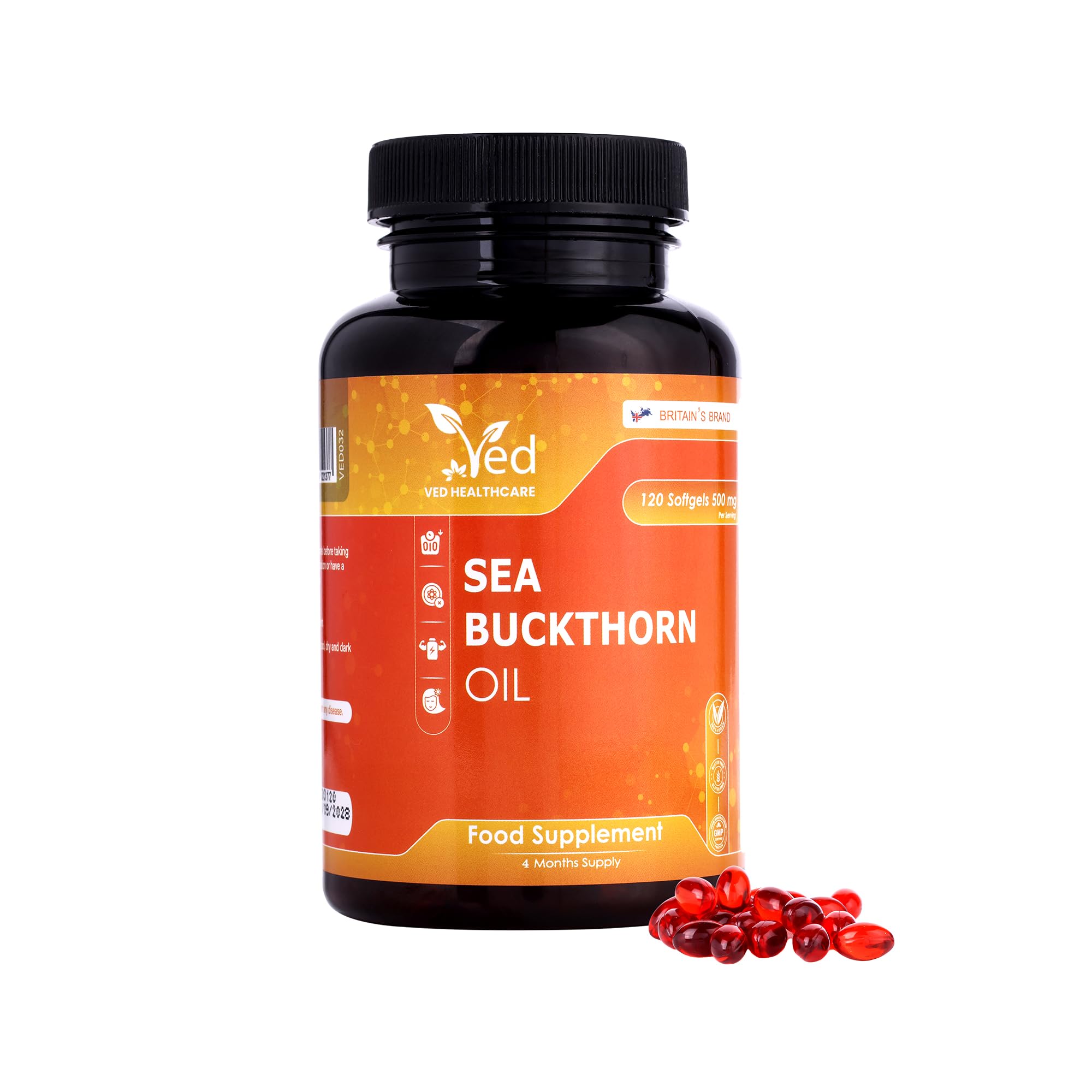 VED Sea Buckthorn Oil Soft Capsules | Boost Immune System | Omega-7 500 mg | 120 Softgels.