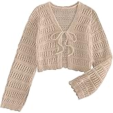 SHENHE Women's Tie Front Hollow Out Cover Up Summer Boho Knit Cardigan Crop Tops