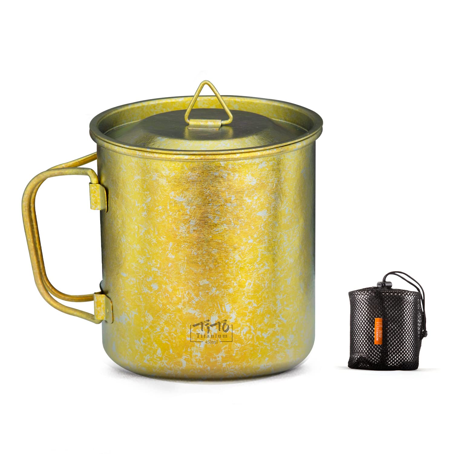 TiTo Titanium Cup Camping Tea Coffee Water Mug Ultralight Portable Cookware 450ml Foldable Handle Titanium Pot with Lid for Outdoor Backpacking Hiking Picnic Drinkware Open Fire (Gold)