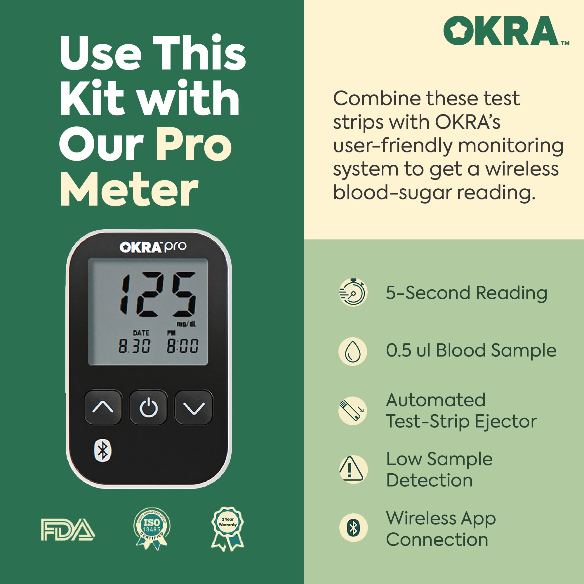 OKRA Pro Blood Glucose Test Strips - Test Strips for Diabetes, Accurate & Fast Results, Easy to Use, Small Blood Sample, 100 Test Strips