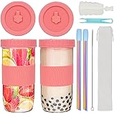 UHAPEER 2 Pack Reusable Tea Cups, 24oz Glass with Lids and Straws, Silicone Sleeves, Ideal for Boba, Coffee, Smoothies and Juicing