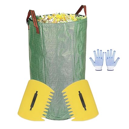 Jznova Garden Waste Bag With 2 Leaf Scoops And 2 Antiskid Gloves 32 Gallons Reusable Collapsible Gardening Yard Lawn And Leaf Waste Bag Hand Leaf