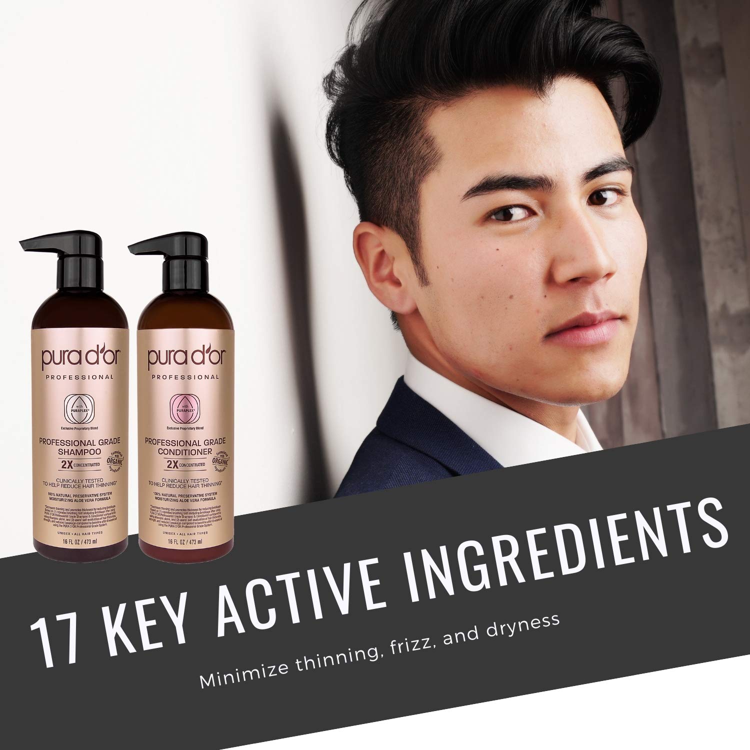 PURA D'OR Professional Grade Anti-Hair Thinning 2X Concentrated Actives Biotin Shampoo & Conditioner (16oz x 2), No Sulfates, Clinically Tested, All Hair Types, Men & Women (Packaging Varies) : Beauty
