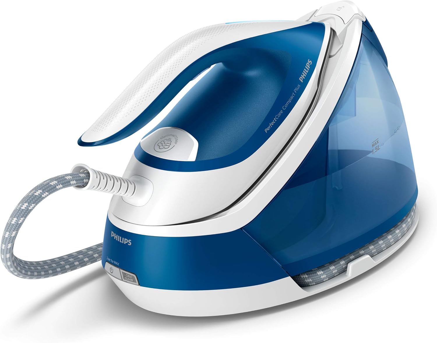 Philips GC7929/20 Dampfbügelstation PerfectCare Compact Plus (2400 W, Optimal TEMP, 6,5 bar Dampfdruck, 450 g/Min. Dampfstoß, 1,5L Wassertank) blau