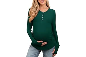 FMEYOA Women's Maternity Shirts Casual Long Sleeve Round Neck Button Side Ruched Pregnancy Clothes S-XXL