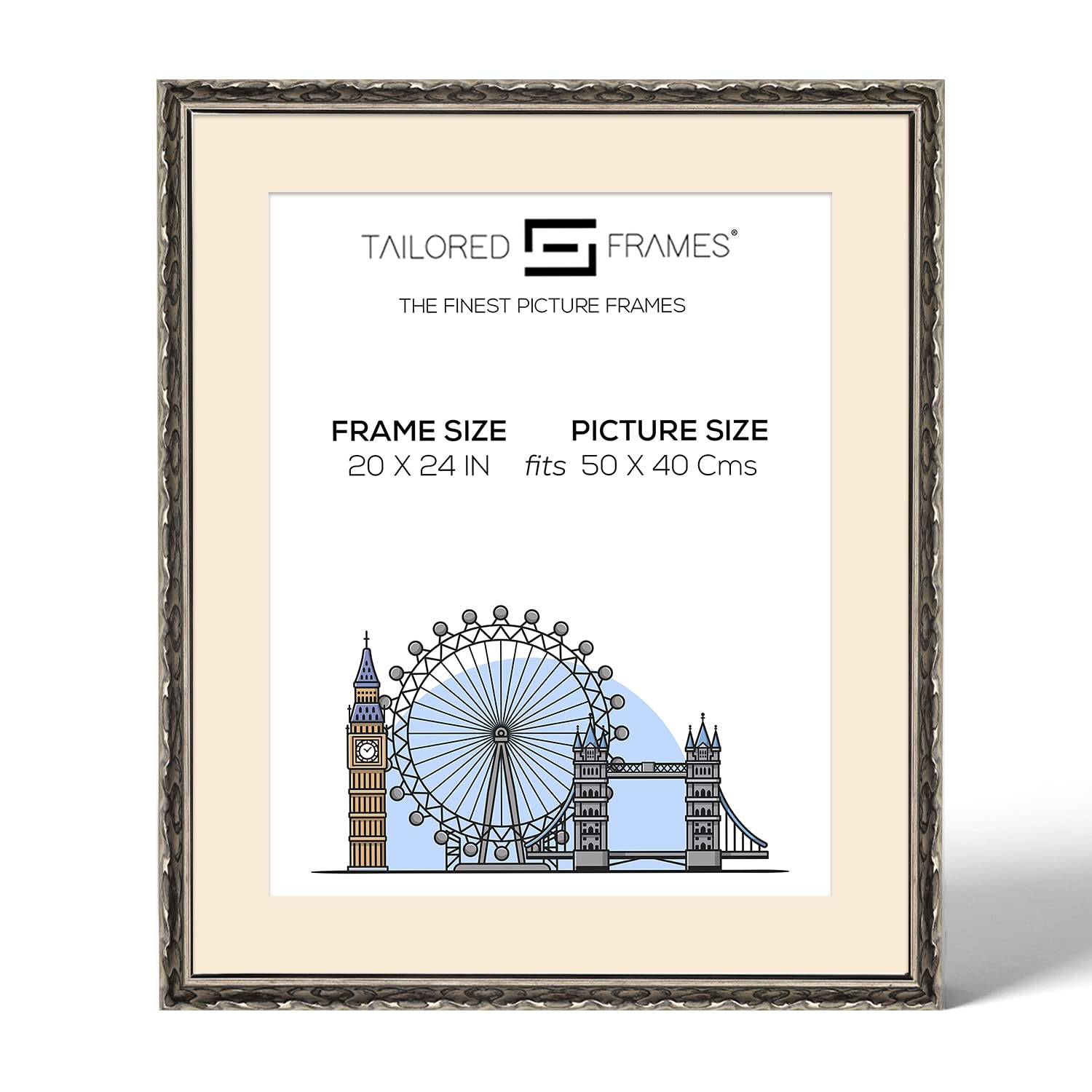 Tailored Frames Vienna Silver 20" X 24" Frame for 50 X 40 cm Picture | Rustic Style Vintage Single Picture Frame | Wall Hanging Type | Photo Frame with Antique Mount