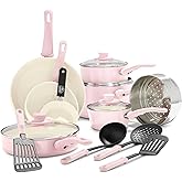 GreenLife 16 Piece Nonstick Cookware Set, Soft Grip Non-Toxic PFAS-Free Ceramic Pots & Pans, Dishwasher & Oven Safe, Frying, Sauce, Saute, Utensils, Glass Lids, Stay-Cool Handles, Wobble Free, Pink